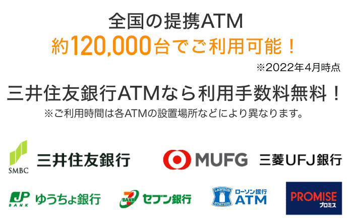 お近くの銀行・コンビニなど、全国の提携ATM 約130,000台でご利用可能！